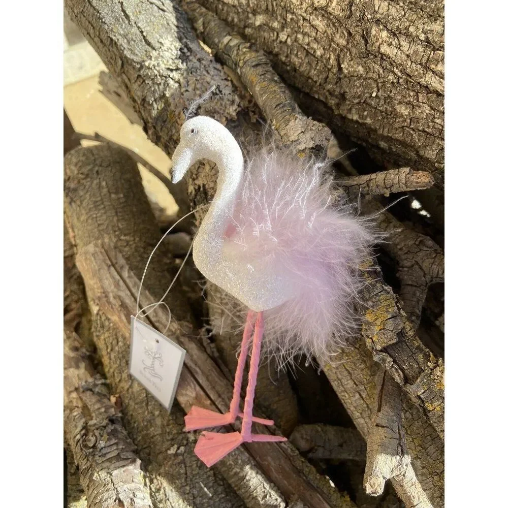 Silver Tree Pink Glittery Feathered Pink Flamingo Ornament Coastal NWT